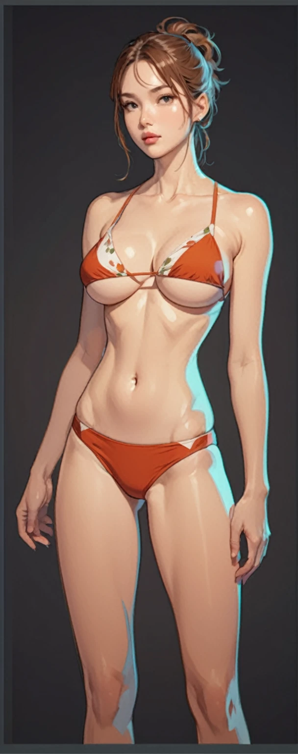 beautiful illustration, ultra-detailed, masterpiece, girl, confident pose, beige swimwear, slim, big breasts, half turn pose