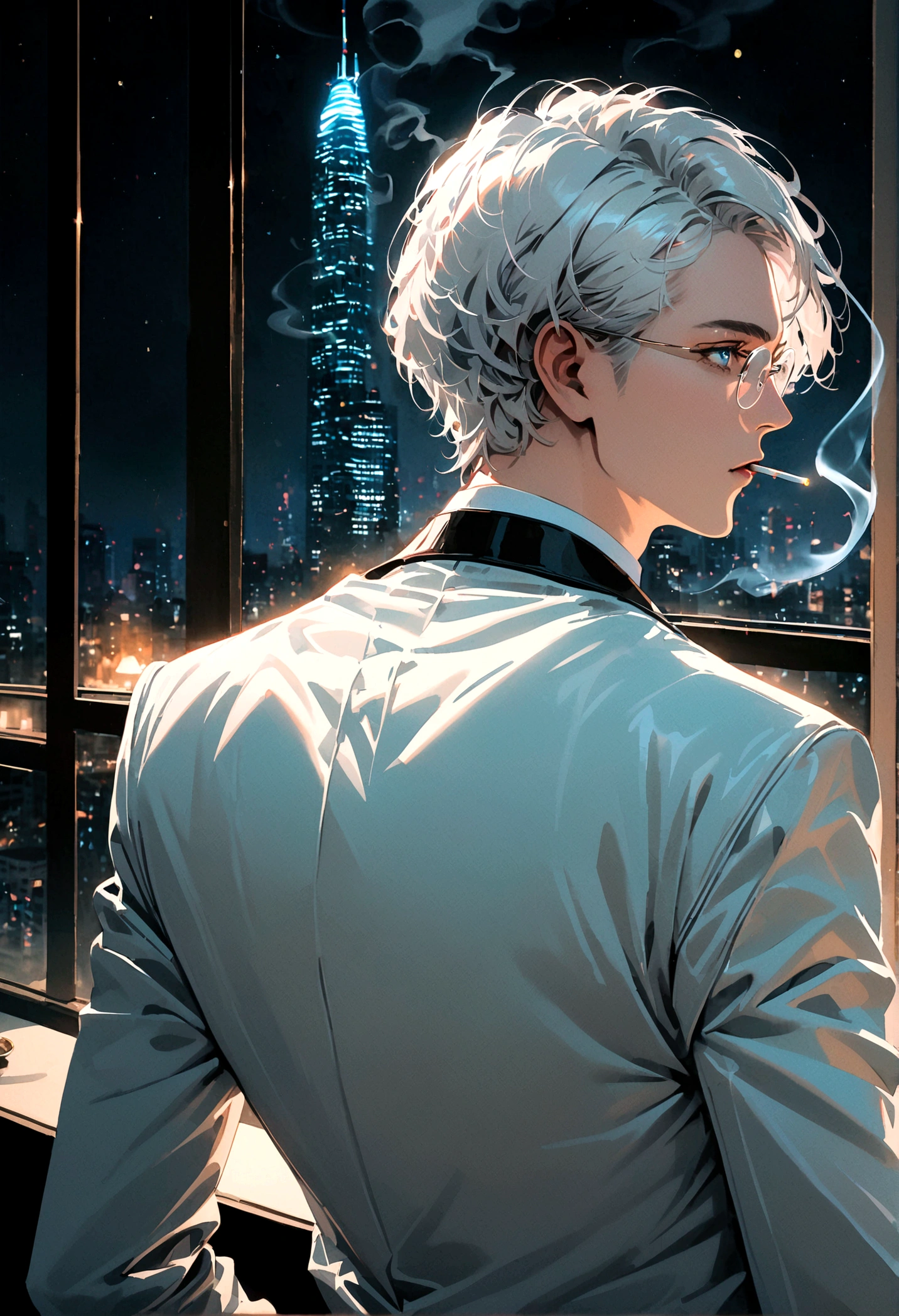A white-haired, light-blue-eyed man in rimless glasses and a white suit turned his back, half his face, smoking a cigarette in the middle of a luxury condo at night.