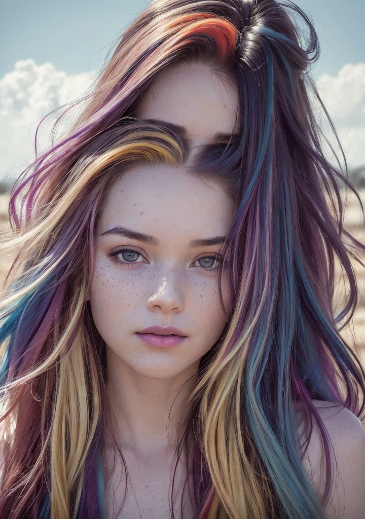 analog style, model shoot style, RAW photo ((portrait:1.8)) of a (young girl:1.5), ((colorful photo:1.5)), (long hair, multicolored hair:1.7), ((cute face: 1.7, perfect face:1.3)), looking at viewer,
(shiny body:1.5, pale skin:1.5), best quality, epic (by lee jeffries and quentin tarantino photo, sony a7, 50 mm, pores:1.5, colors, hyperdetailed:1.5, 
film grain:1.4, hyperrealistic: 1.5), hyper-realistic lifelike texture, masterpiece, unreal engine 5, Extremely detailed CG unity 8k wallpaper, realistic eyes, UHD, HDR, DSLR, 
Madly detailed photo, (ecstasy of light and shadow, deep shadow), (Winner of the Pulitzer Prize for Photography and Taylor Wessing Photographic Prize)
