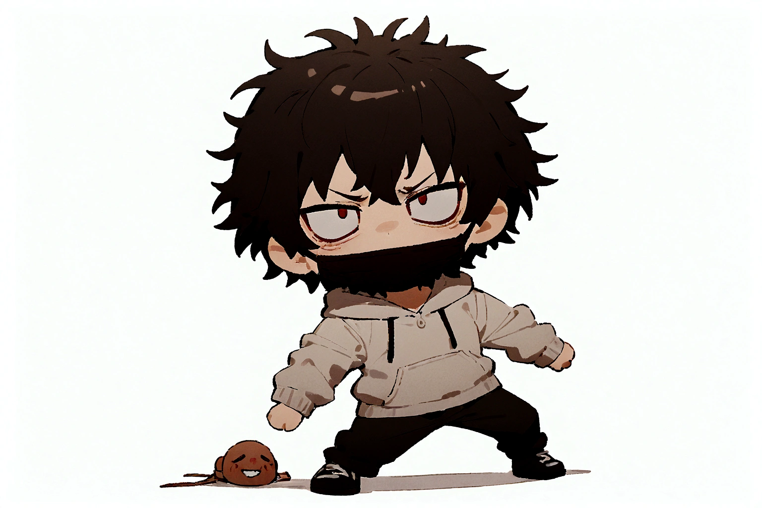 masterpiece,chibi,1man, tareme, black hair, mouth mask, full body, white background, simple background, very short hair, messy hair, hoodie, evil grin,