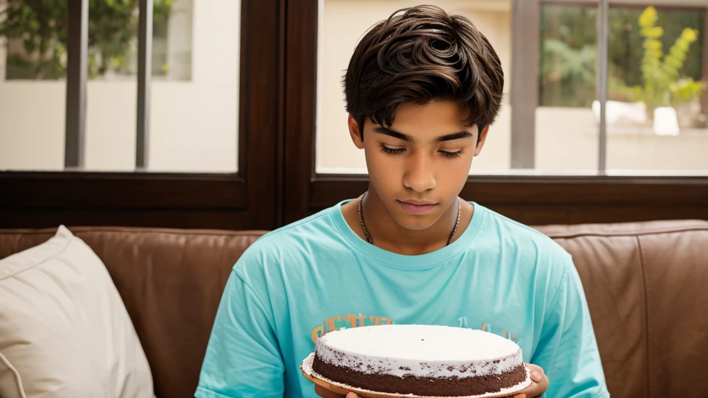 A 16 year old boy holding a cake in his hands