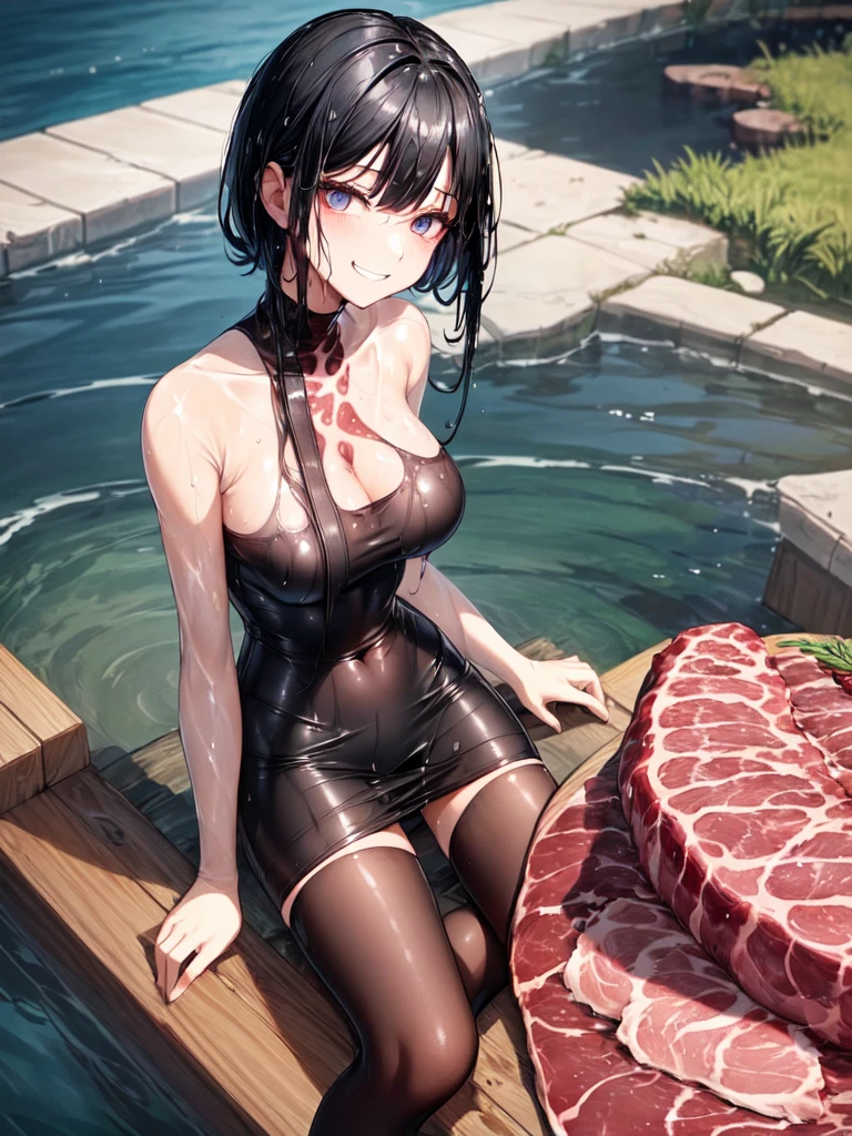 girl, Lonely, Resting posture, Black Hair, bangs, Long eyelashes, Beautiful Eyes, full，Tube top，Short skirt，Knee socks,(Rich landscape)、Disarray，Breast contour、(((Wet clothes))(((Ultra-thin clothing))),((Meat outline)),Grin