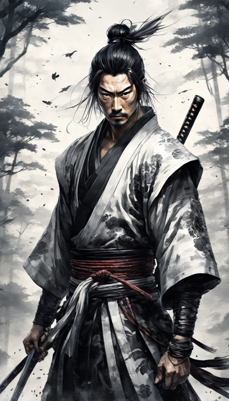 Black and white painting,Ink Painting,splash,No beard, No beard Samurai Man, high quality, Master Parts, Second Dimension, Beautiful Eyes, Highly detailed background, 8K Wallpaper, Highly detailed face, Strong muscles, Hopeful Eyes, Bright Eyes, black eye, Mature and stable, Sophisticated, White short sleeves, Pavilion Background,Not 0mib style, bleach style, hyper-realistic ,cool, Popular man, Handsome, Sasaki Kojiro ,style of a black-and-white painting , tall samurai, long flowing black hair, tied back in a traditional style, traditional Japanese clothing, such as a kimono with intricate patterns and a hakama, Long Japanese sword, katana ,ready stance, The background typical bamboo, strong sense of movement and energy,