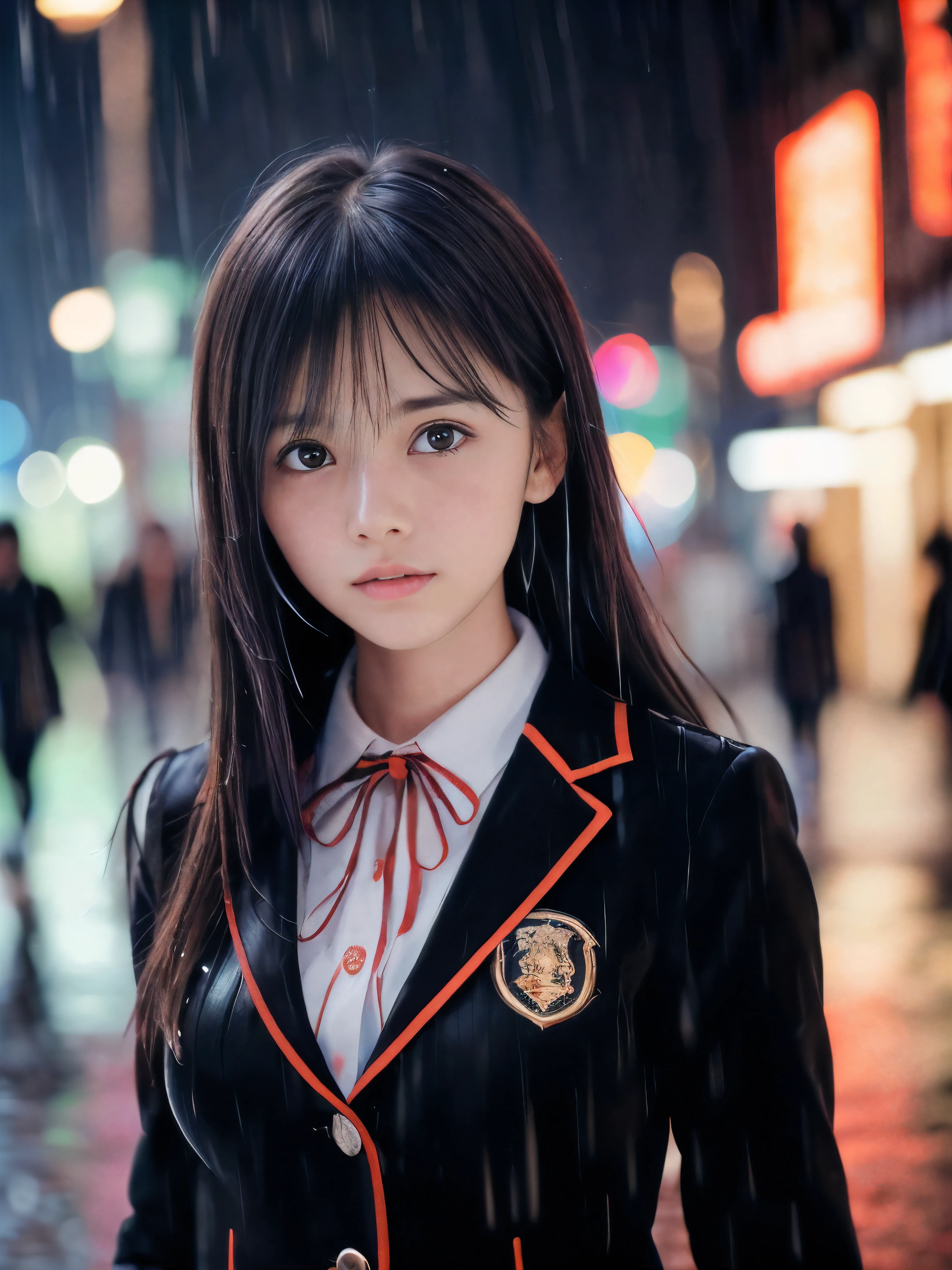 (Super close up face shot of one slender small breasts two side up black medium hair bangs girl in long sleeves black school uniform:1.5)、(One girl is walking with crying face on the main street in the rain at midnight:1.5)、(At skyscraper city landscape in heavy rain midnight:1.5)、(blurred background:1.5)、(8k ultra detailed master piece:1.5)、(Natural lighting:1.5)、(perfect anatomy:1.5)、(Photorealistic stick:1.5)、(Raw photo:1.3)、(highest quality:1.5)、(High resolution:1.3)、(Delicate and beautiful perfect face:1.3)、(Delicate and beautiful eye air skin:1.3)、(Real Human Skin:1.3)、((thin legs))