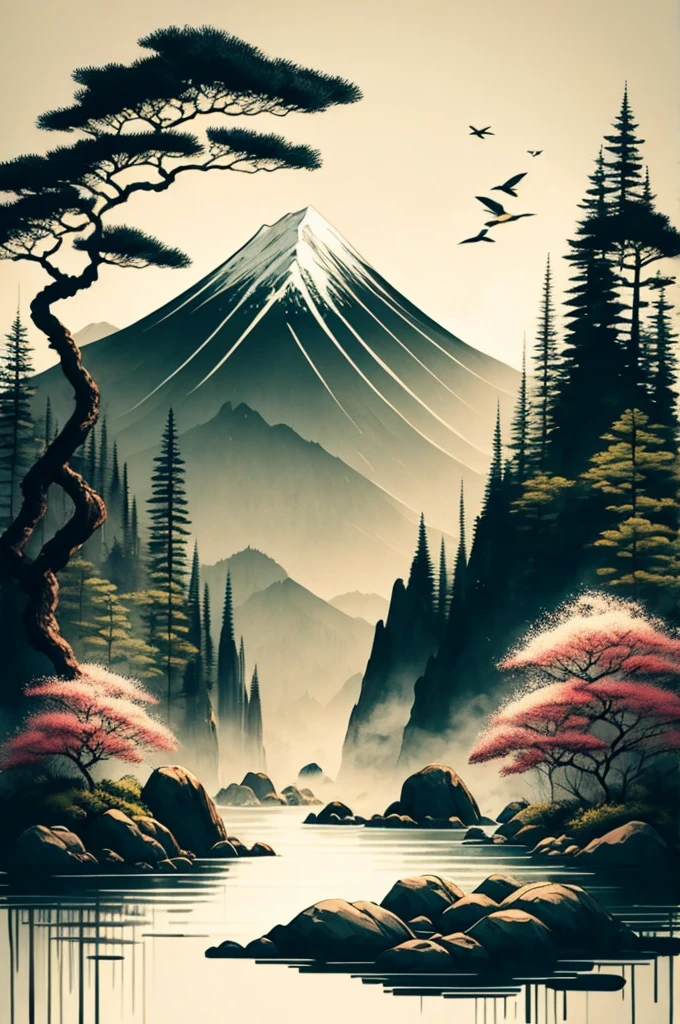 white background, scenery, ink, mountains, water, trees