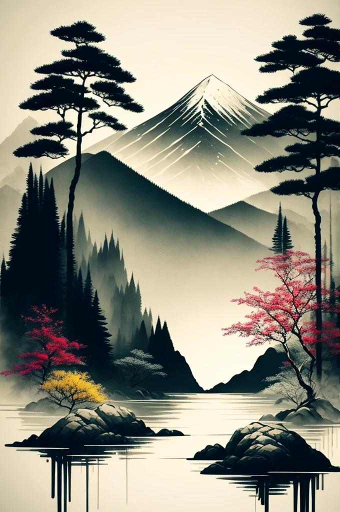 white background, scenery, ink, mountains, water, trees