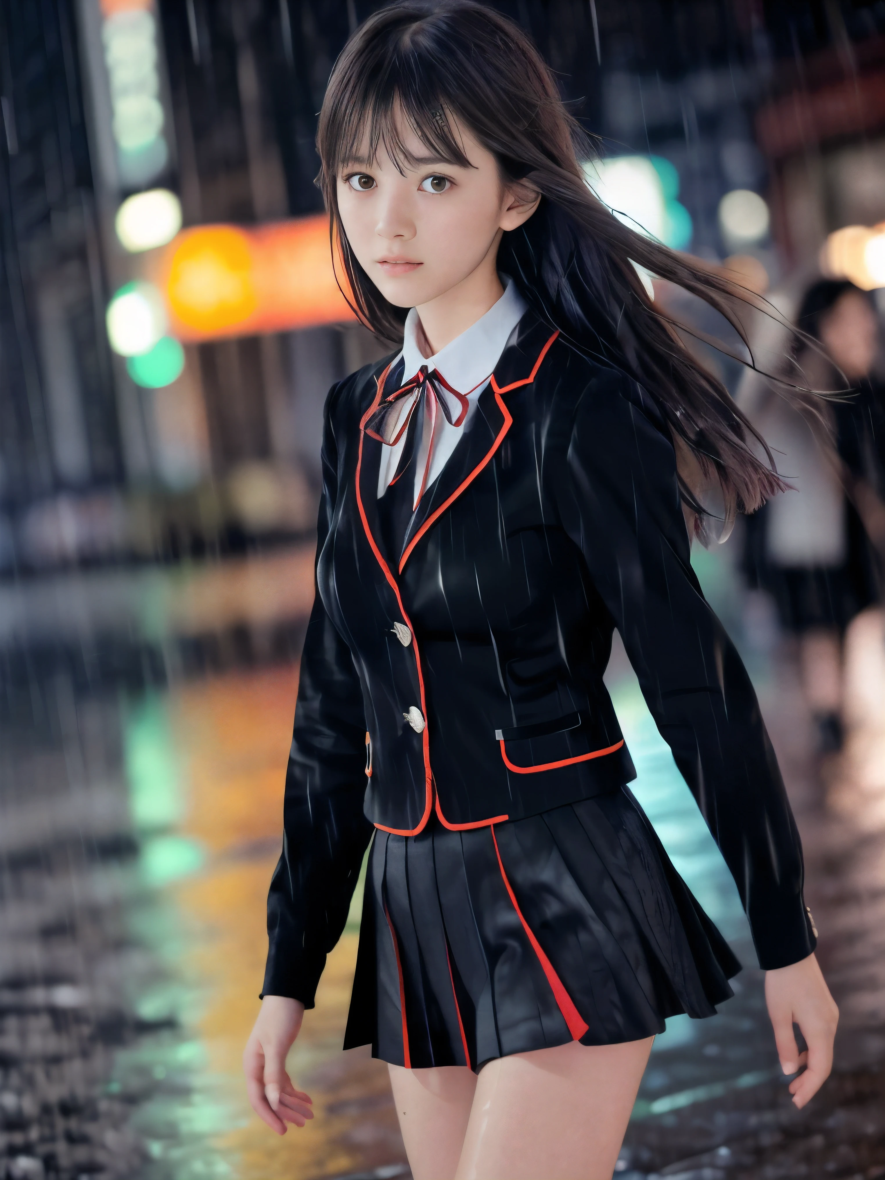 (Super close up face shot of one slender small breasts two side up black medium hair bangs girl in long sleeves black school uniform:1.5)、(One girl is walking with crying face on the main street in the rain at midnight:1.5)、(At skyscraper city landscape in heavy rain midnight:1.5)、(blurred background:1.5)、(8k ultra detailed master piece:1.5)、(Natural lighting:1.5)、(perfect anatomy:1.5)、(Photorealistic stick:1.5)、(Raw photo:1.3)、(highest quality:1.5)、(High resolution:1.3)、(Delicate and beautiful perfect face:1.3)、(Delicate and beautiful eye air skin:1.3)、(Real Human Skin:1.3)、((thin legs))