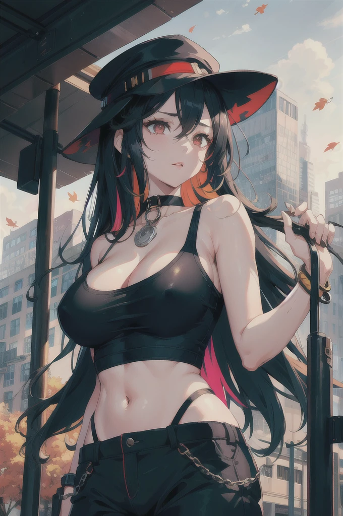 highres, highest quallity, illustration, ultra detailed, (detailed face), (detailed eyes), soft lighting, best quality, hazy glow, dreamy atmosphere, hyper detailed, masterpiece, 1girl, solo,black long hair, black eyes with red eye shadow, white tanktop, luminous eyes, large breasts, (colorful), black short pants, from below, outdoors, evening, clouds, tall buildings in background, industrial, public transportation, urban, concrete, sidewalk, busy, summer, falling leaves,black Dhaka topi,black choker, silver bracelet