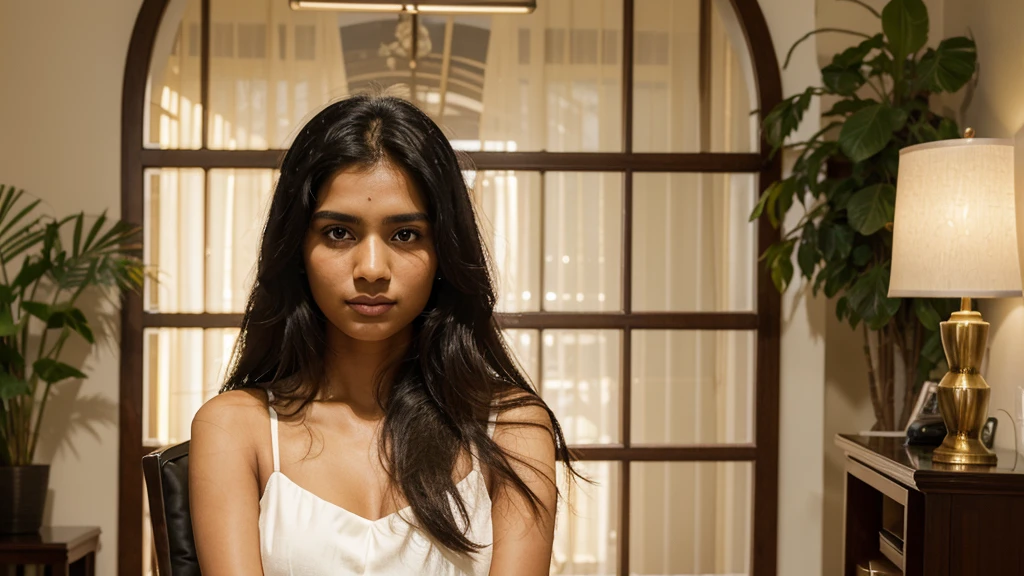 A photorealistic portrait of a 25-year-old Sri Lankan girl with long, flowing Black hair and striking Black eyes. Wearing a white dress, she should have a natural, approachable expression and be illuminated by soft, golden-hour sunlight. The background should be a hotel setting, perhaps a lobby. Capture this image with a high-resolution photograph using an 85mm lens.