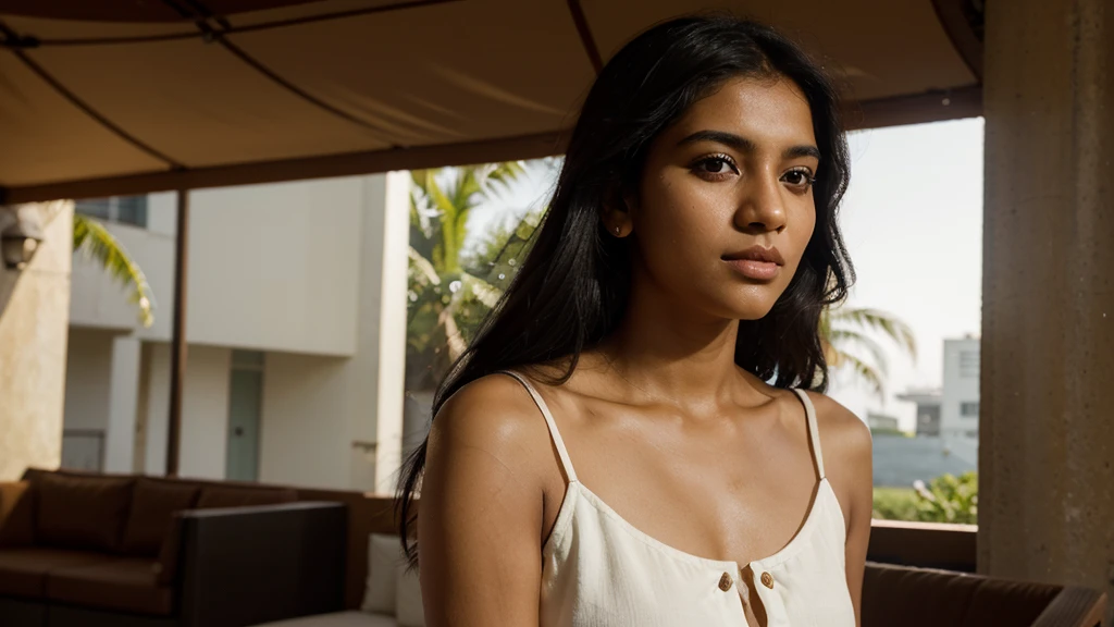 A photorealistic portrait of a 25-year-old Sri Lankan girl with long, flowing Black hair and striking Black eyes. Wearing a white dress, she should have a natural, approachable expression and be illuminated by soft, golden-hour sunlight. The background should be a hotel setting, perhaps a lobby. Capture this image with a high-resolution photograph using an 85mm lens.