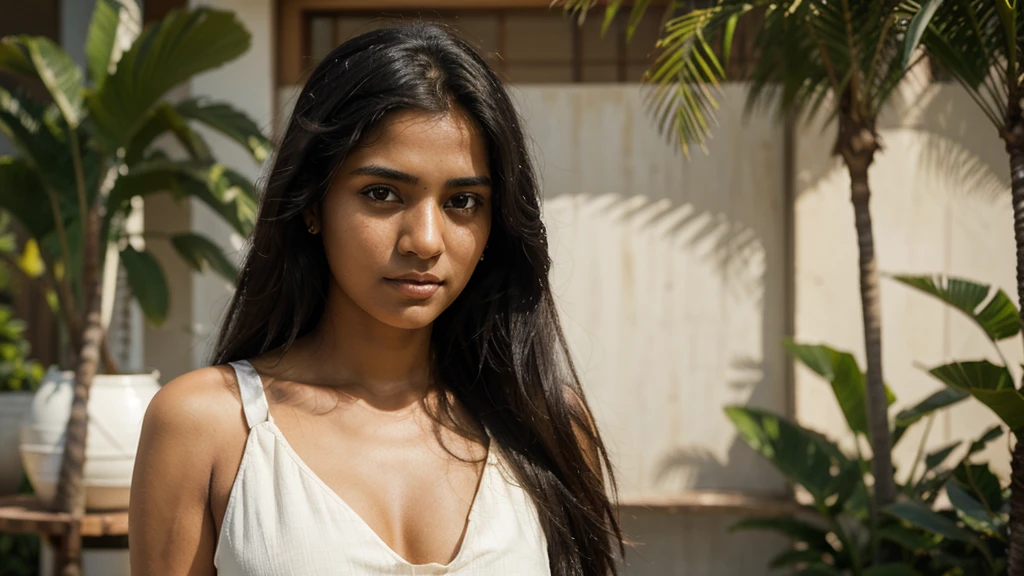 A photorealistic portrait of a 25-year-old Sri Lankan girl with long, flowing Black hair and striking Black eyes. Wearing a white dress, she should have a natural, approachable expression and be illuminated by soft, golden-hour sunlight. The background should be a hotel setting, perhaps a lobby. Capture this image with a high-resolution photograph using an 85mm lens.