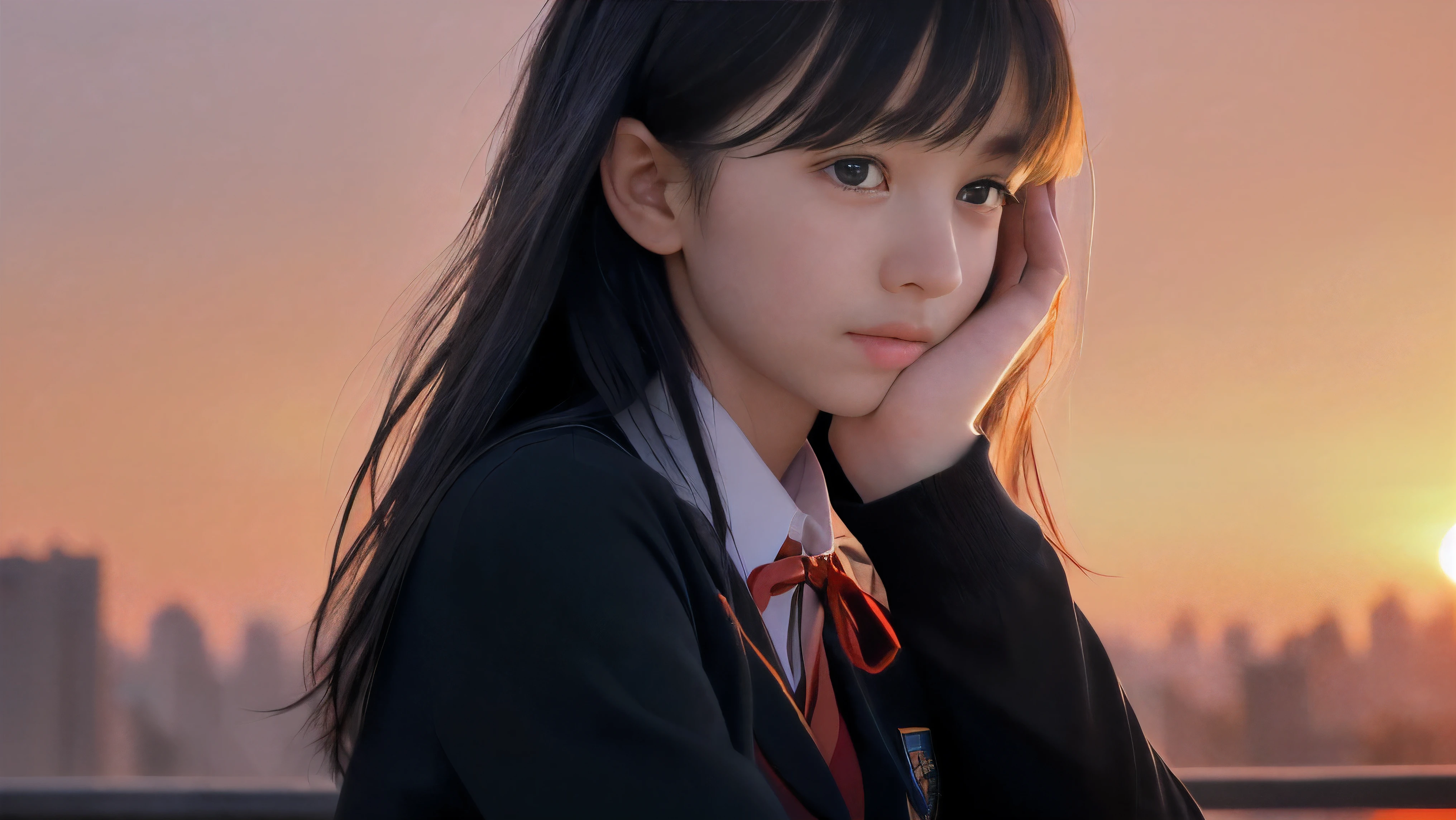 (Close up profile shot of one slender small breasts two side up black medium hair bangs girl with crying face in long sleeves black school uniform:1.5)、(One girl is looking at sunset red sky with her face is reflected sunset light and her hair is blowing in long sleeves black school uniform:1.5)、(Beautiful red sunset sky at skyscraper city landscape:1.5)、(8k ultra detailed master piece:1.5)、(Natural lighting:1.5)、(perfect anatomy:1.5)、(Photorealistic stick:1.5)、(Raw photo:1.3)、(highest quality:1.5)、(High resolution:1.3)、(Delicate and beautiful perfect face:1.3)、(Delicate and beautiful eye air skin:1.3)、(Real Human Skin:1.3)、((thin legs))