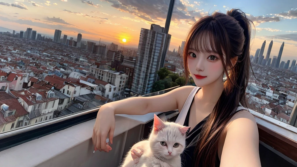 1 beautiful sweet girl,fluffy kitten on the shoulder. fish eye, selfie, wind, straight long hair, high ponytail, sunset, city scape, (Aesthetics and atmosphere:1.2),