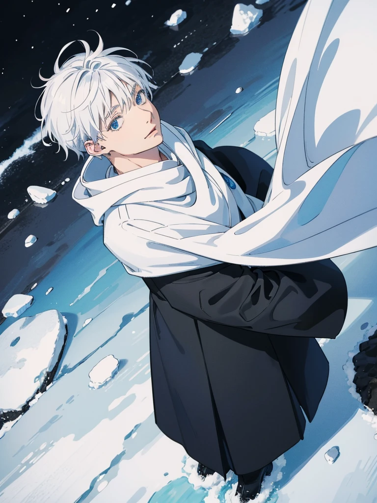 Gojo Satoru walk in winter coated black suit in snow ,white hair , blue eyes