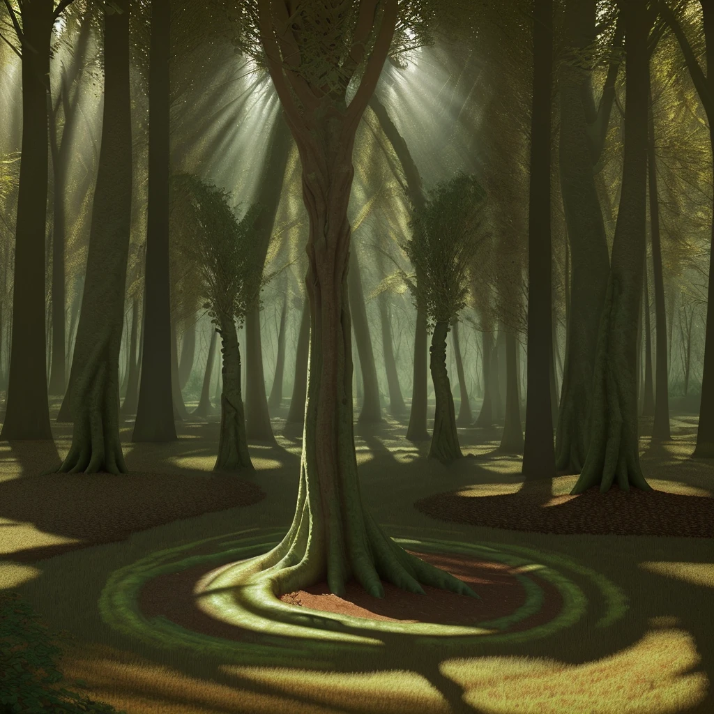A captivating 3D render of a magical forest, where ancient trees are brought to life with intricate twists and turns in their bark, and leaves that seem to whisper secrets. The trees has a very beautiful woman form, they form a mesmerizing forest landscape, blending nature and folklore in a vibrant, majestic, and realistic manner. The sunlight filters through the canopy, casting a warm glow on the scene, and the shadows create depth and visual interest. The conceptual art evokes a sense of wonder, mystery, and a deep connection to nature's stories., conceptual art, vibrant, 3d render