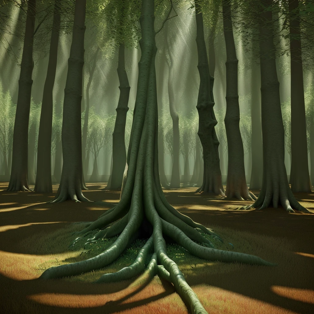 A captivating 3D render of a magical forest, where ancient trees are brought to life with intricate twists and turns in their bark, and leaves that seem to whisper secrets. The trees has a very beautiful woman form, they form a mesmerizing forest landscape, blending nature and folklore in a vibrant, majestic, and realistic manner. The sunlight filters through the canopy, casting a warm glow on the scene, and the shadows create depth and visual interest. The conceptual art evokes a sense of wonder, mystery, and a deep connection to nature's stories., conceptual art, vibrant, 3d render