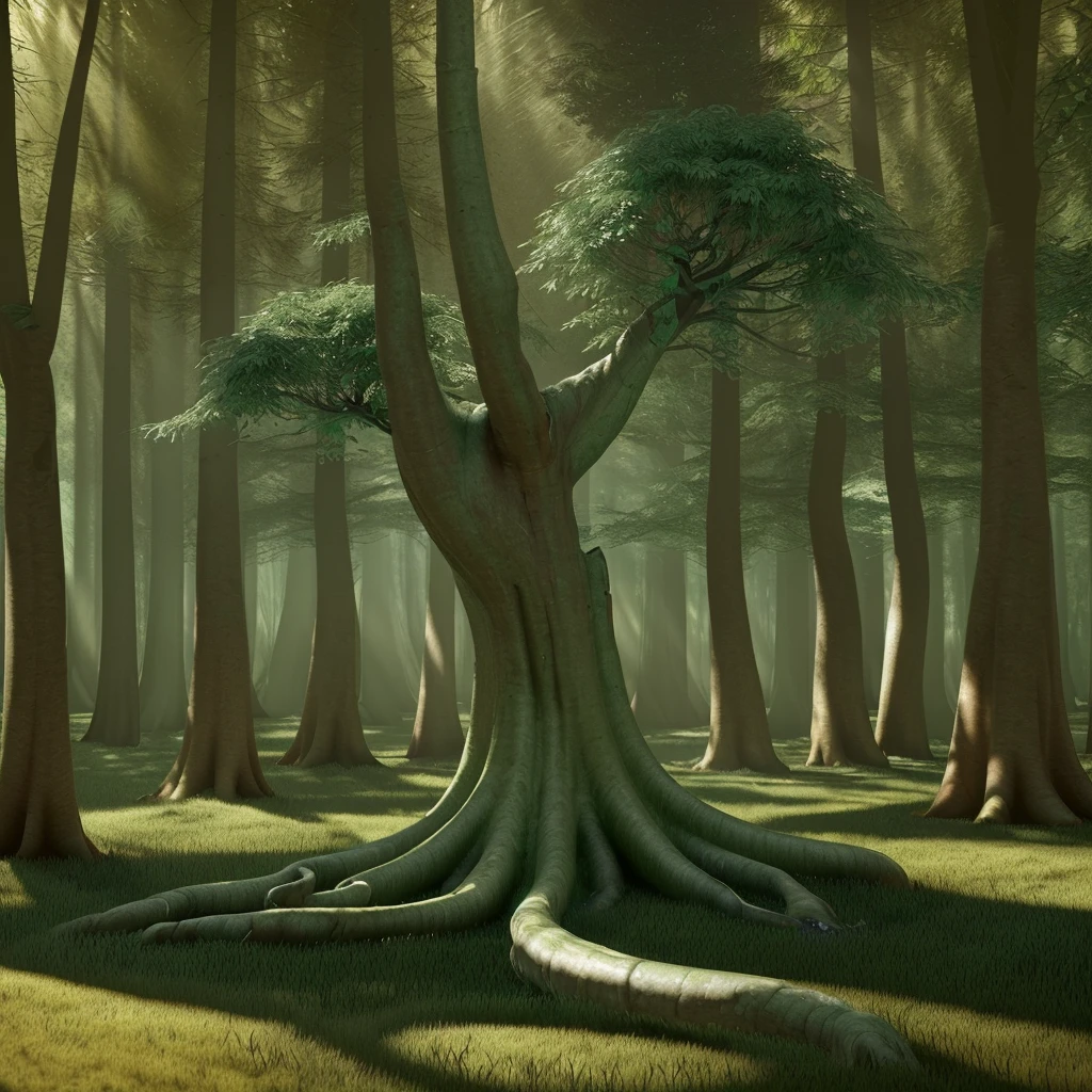 A captivating 3D render of a magical forest, where ancient trees are brought to life with intricate twists and turns in their bark, and leaves that seem to whisper secrets. The trees has a very beautiful woman form, they form a mesmerizing forest landscape, blending nature and folklore in a vibrant, majestic, and realistic manner. The sunlight filters through the canopy, casting a warm glow on the scene, and the shadows create depth and visual interest. The conceptual art evokes a sense of wonder, mystery, and a deep connection to nature's stories., conceptual art, vibrant, 3d render