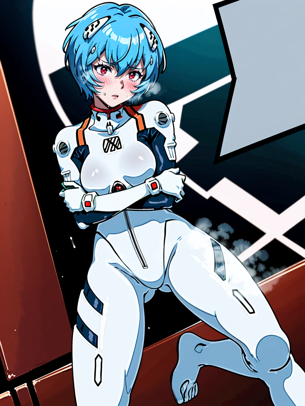 ((Highest quality, 8k wallpaper)),(masterpiece, Highest quality),Very detailed,High resolution,(Official Art:1.3),(((Anime screenshots,Black outline))),One girl,alone, Break mer1,(Rei Ayanami {Neon Genesis Evangelion,}1.2),masterpiece, best quality, outdoor, 1girl, Solo,red eyes,short hair,blue hair, (White plug suit:1.4), skin tight,(backlight, shaded face, cross-eyed, rolling eyes, empty eyes, jitome, raised eyebrows, one eye closed:1.3),(((Covered in sweat, Mass sweat, Sweating profusely,steam:1.7))), (((fighting stance, knees together feet apart, leaning forward, holding own arm, bent legs:1.8))), (Dirty Costume with mud,gym storeroom:1.5),(((electricity over body, electricity:1.4))),(((独奏, cowboy shot:1.3))),