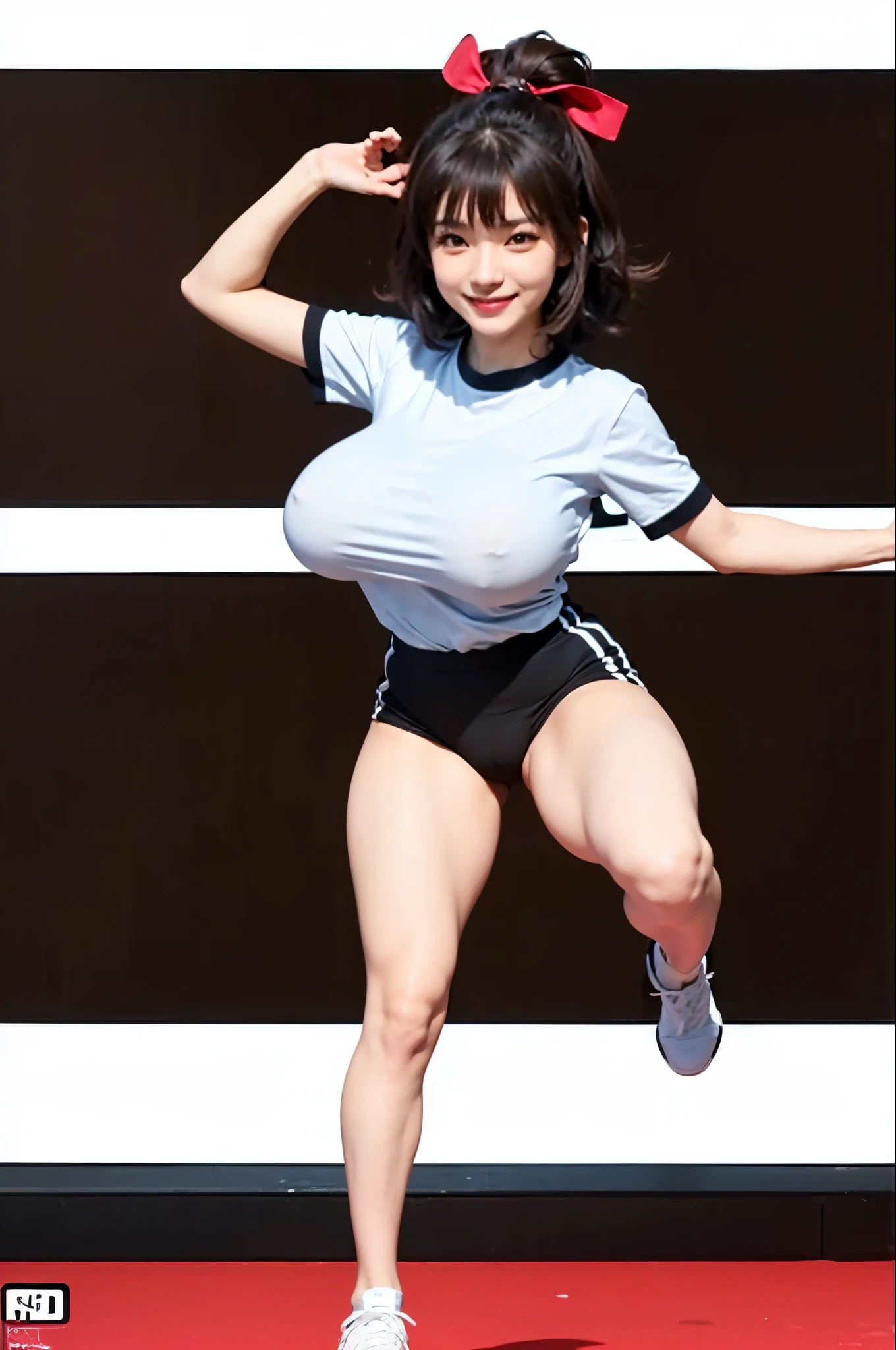 ((Tamaki Mukaisaka:1.5))、((Tama sister:1.5)),(((dance:1.5))),((gym:1.3)),((High Leg:2.0)),((whiteTshirt:1.5)),((Shiny blue bloomers:1.3)) 、(Smiling Beam:1.5), (((Medium Hair:1.3,Black Hair:1.5))),(Brown eyes:2.0),8K, (1 Girl:2.0),((Huge breasts:1.8)),(Saggy huge breasts:1.8), 20-year-old,masterpiece,super high quality, Very detailed,Perfect photo,3d,8K,High resolution,Enchanting anime girl, Sporty hairstyles,Smooth anime CG art, ((Full Body Shot)), Highest quality, masterpiece, Realistic, PhotoRealistic super detail, One Girl, cute, The best smile, Beautiful Eyes, Long Hair, Perfect Face,Full Body Shot