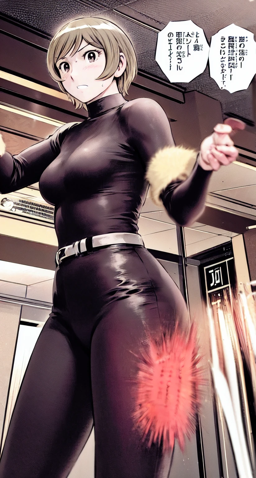 、(masterpiece、Highest quality)、Highest quality, Ultra-high resolution, (((masterpiece))), alone, Sweat、Big eyes,office、Tight white dress shirt、Tight black suit、Tight black pants、indoor、Composition from the front、（Cut the back hair short、short hair、blonde、woman）、Shortcuts、Embarrassed face、Cut your hair short、可愛いwomanの子、Big Breasts