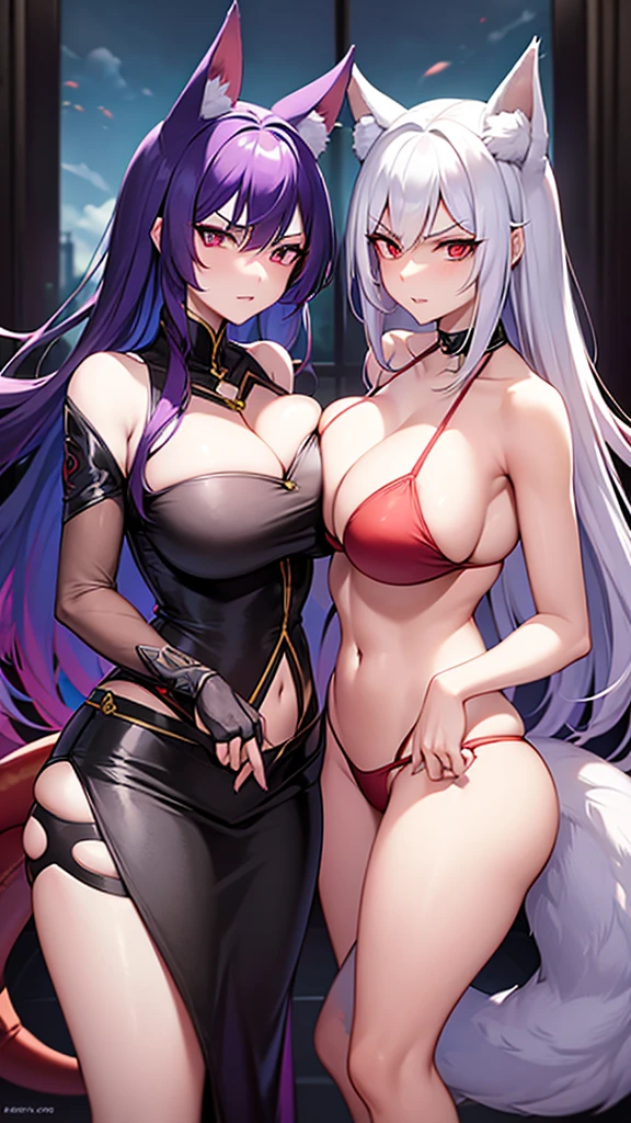 An adult woman, half dragon, dragon tail, large breasts, blue eyes, purple hair, very angry, with an adult woman, half fox and wolf, wolf tail, fox ears, large breasts, red eyes, white hair, very shy and friendly, both very sexy, both separated and both wear bikinis