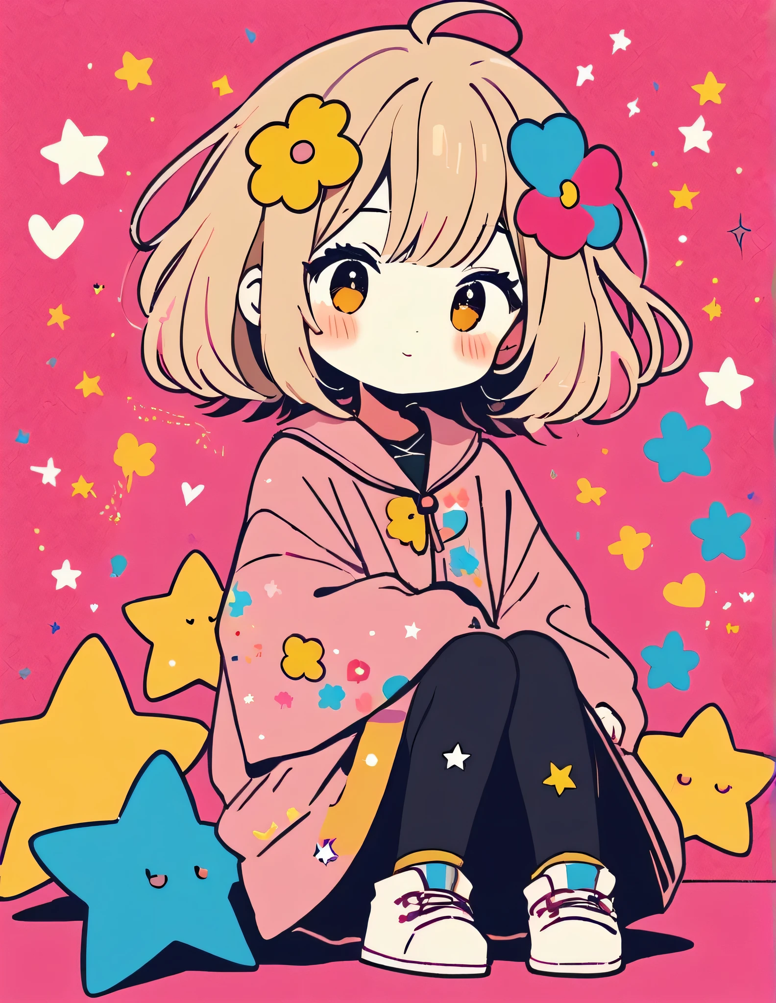 Masayo style, Simple Line Initialism，Abstract art，Kawaii Design, The most beautiful girl of all time、chibi, The background is star dust, colorful hearts, colorful flowers, (((nap)))