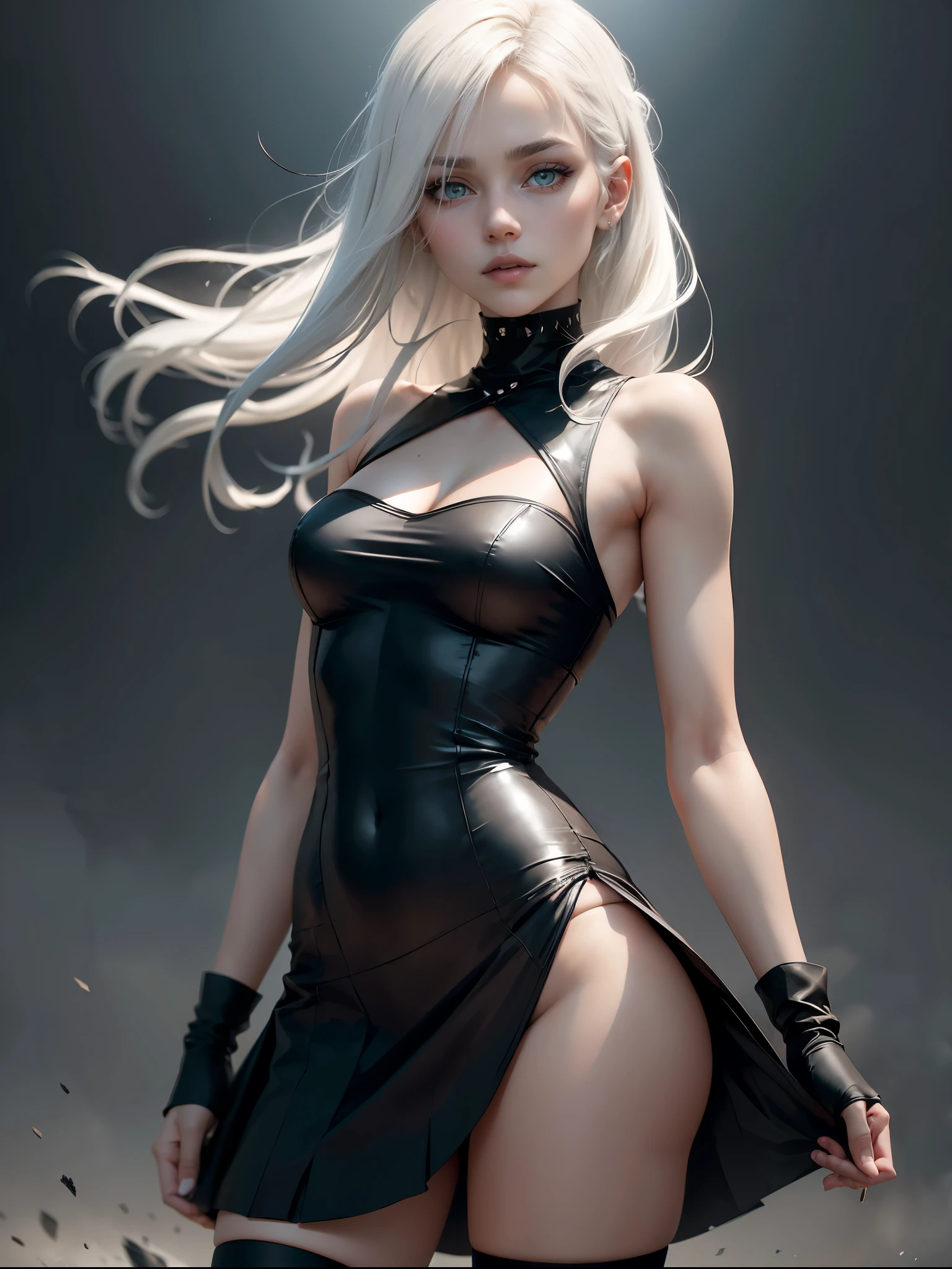 A skinny blonde wearing a short, sleeveless black dress flying in the wind, Sexy beautiful ass in a short dress she is facing forward, Blonde with white hair, white hair,has a thin waist and slender legs, she is wearing long black knee-high socks, black gloves, Small breasts, black sleeveless dress, short black dress, pleated black dress, stockings, dark makeup on eyelids, dark lipstick, tied black hair, Sweet, sweet girl, with kind eyes, innocent and kind face. Blurred black minimal background, minimal gray background, 1 solo, Style: portrait, blurred background f1.2, full HD resolution, 8k, Dark vignette at the edges, cinematic effect with soft shadows and light and shadow curve at -10, best quality, professional realistic, detailed eye, double eyelid, brighten skin, real hair, realistic skin texture, Masterpiece texture, realistic clothing texture, perfect face and body, Never show hands, hidden hands, blurred hands.
