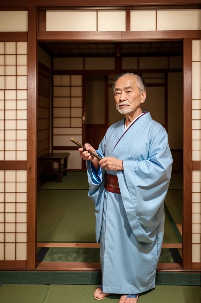 Please draw a：Japanese Yokai「Nurarihyon」。He appears as an old man with a big smooth head.。伝統的なWearing Japanese clothing、家の中にふらりと入り込んで座敷に座っているシーンをPlease draw a。The background is a Japanese house from the Edo period.、Make sure the old-fashioned interior is visible。Please draw a：Japanese Yokai「Nurarihyon」。It has a big smooth head、Figure of an old man with a long and slender body。Wearing Japanese clothing、In his hand he holds a cane。Sitting in the living room of an Edo period house、People in the house々が彼に気づかずにLiving a daily life。In the background are old-fashioned paper screens and sliding doors.が見え、The Japanese-style interior is spreading。Please draw a：Japanese Yokai「Nurarihyon」。In the form of an old man with a big smooth head、She is wearing a calm kimono.。Sitting quietly in the living room of an Edo period house、There is a soft light in the room。People in the house々was unaware of his presence.、Living a daily life。In the background are old-fashioned paper screens and sliding doors.、And traditional Japanese interiors are spread out.、There is a tranquil and mysterious atmosphere.。