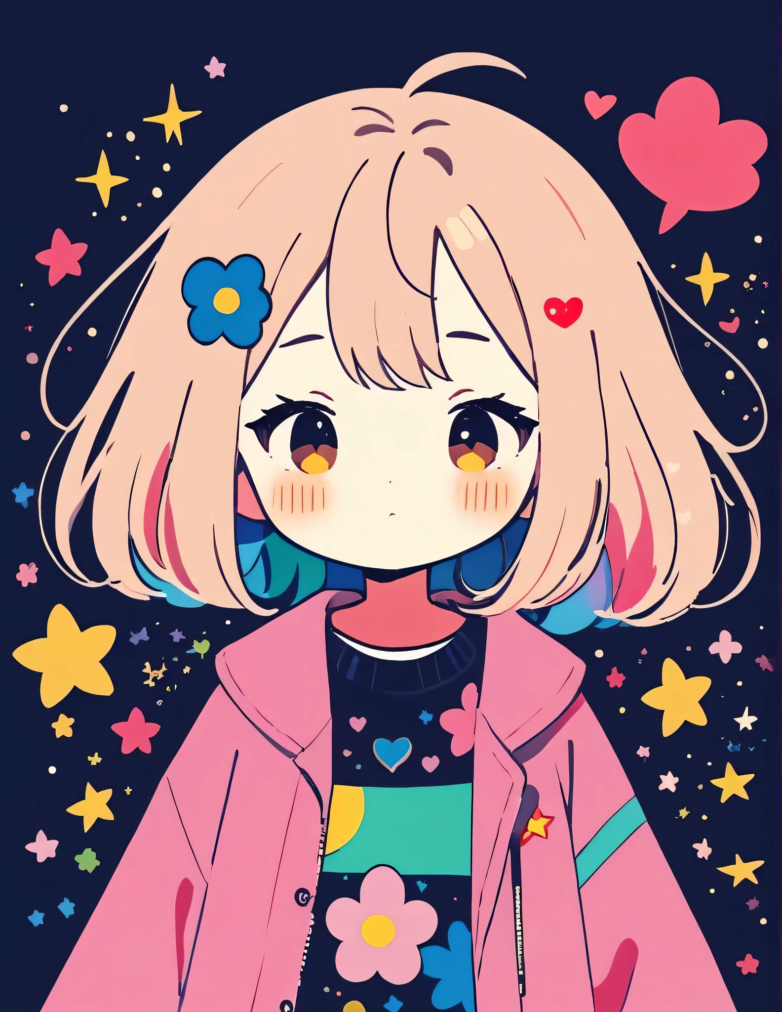 Masayo style, Simple Line Initialism,Abstract art,Kawaii Design, The most beautiful girl of all time、chibi, The background is star dust, colorful hearts, colorful flowers, (((nap)))