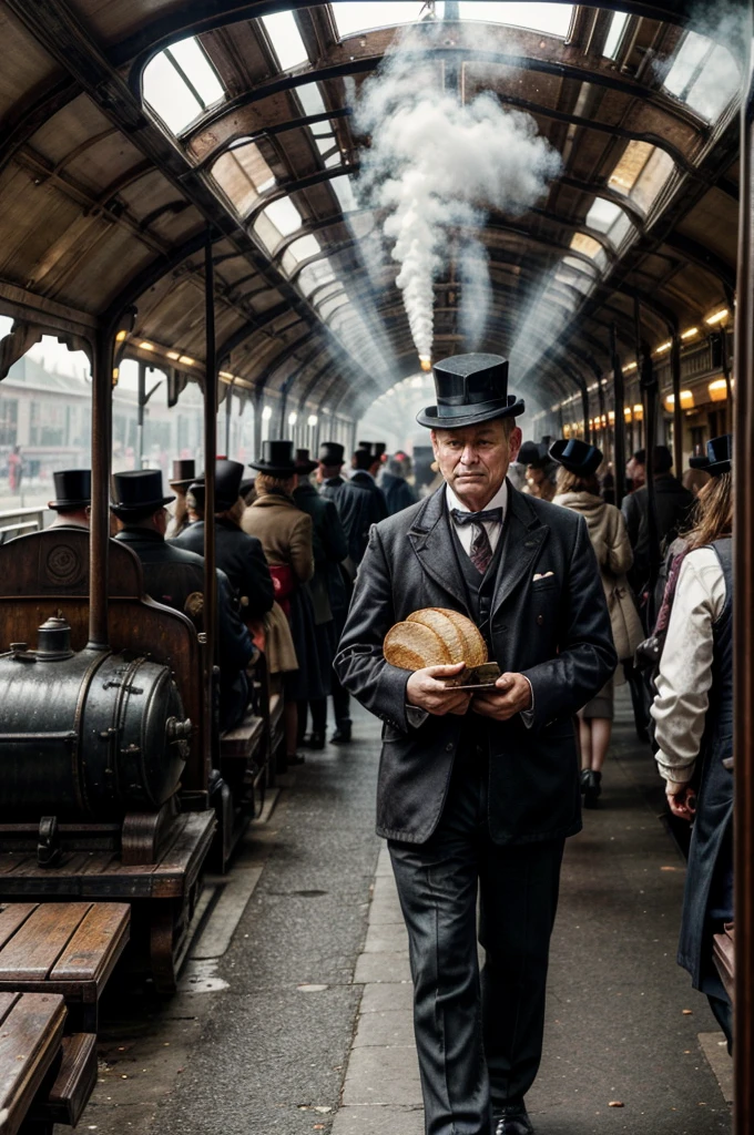 Inside, the air was thick with the smell of coal and steam from the engines, mingling with the scent of freshly baked bread and roasted chestnuts from nearby vendors. The sound of steam whistles, clattering wheels, and the murmur of conversations created a symphony of activity. The platforms were crowded with travelers in elaborate attire: men in top hats and tailcoats, women in corseted dresses and bonnets, children clutching their parents' hands as they gazed in awe at the giant locomotives.