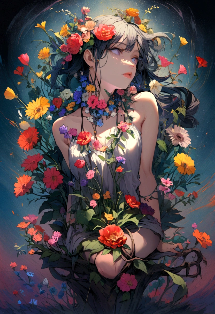 , Dark look, Flowers growing on my neck, Multiple flowers growing on legs, whole body