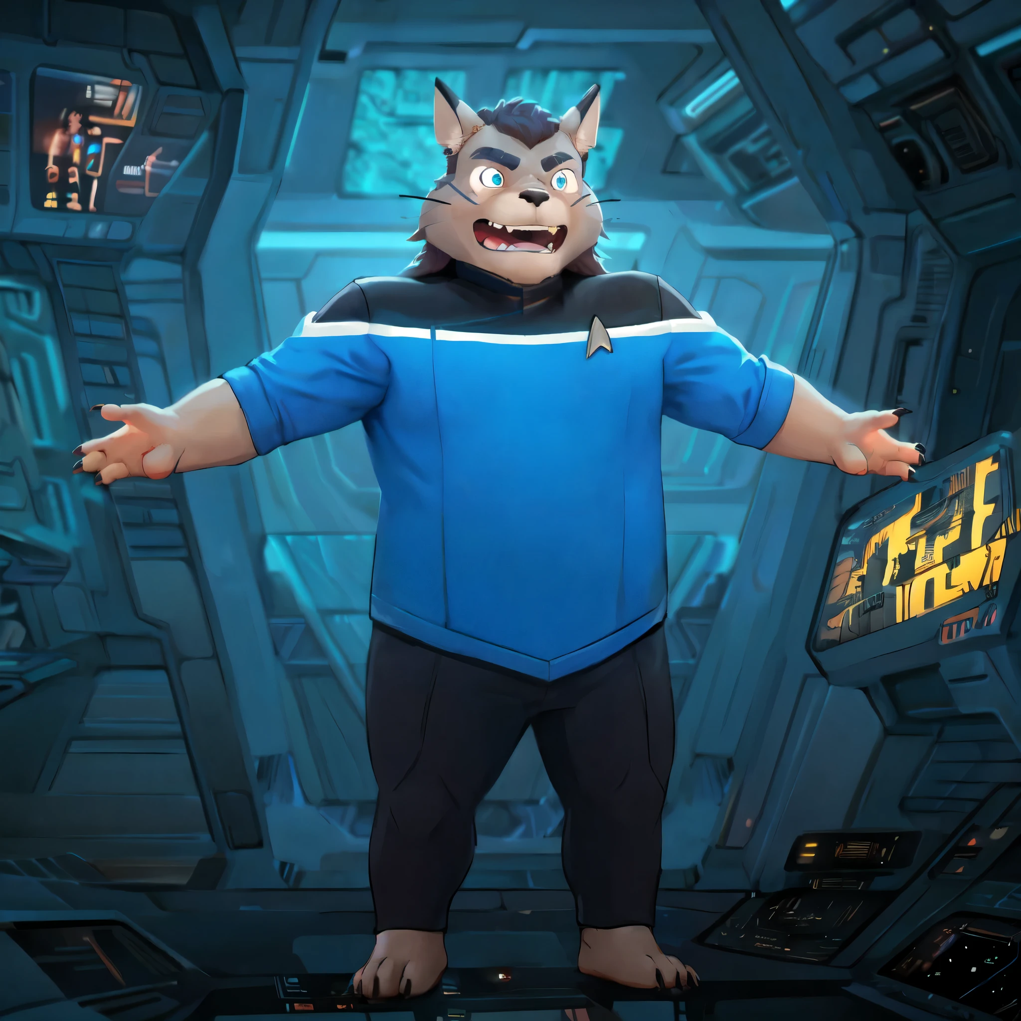 (((Barefoot furry character, full body, cinematic setting, furry male, plantigrade))) 
((Totoro)), studio ghibili, furry, big, fat, whiskers, grey skin, claws,
exudes confidence and authority on starship bridge, ((wears star trek lower decks uniform))), ((sttldunf star trek black and blue uniform)), long black pants, black shoulders, muscular figure, dynamic pose, action expression
((Bridge of starship with many screens and consoles)), futuristic look, metalic, bright colors
BREAK, intricate details, highly detailed, extreme detail, octane render, fine art, best quality, highres, (detailed face:1.5), ((full_body)), UHD, (((perfect hands))), ((low light:1.5))