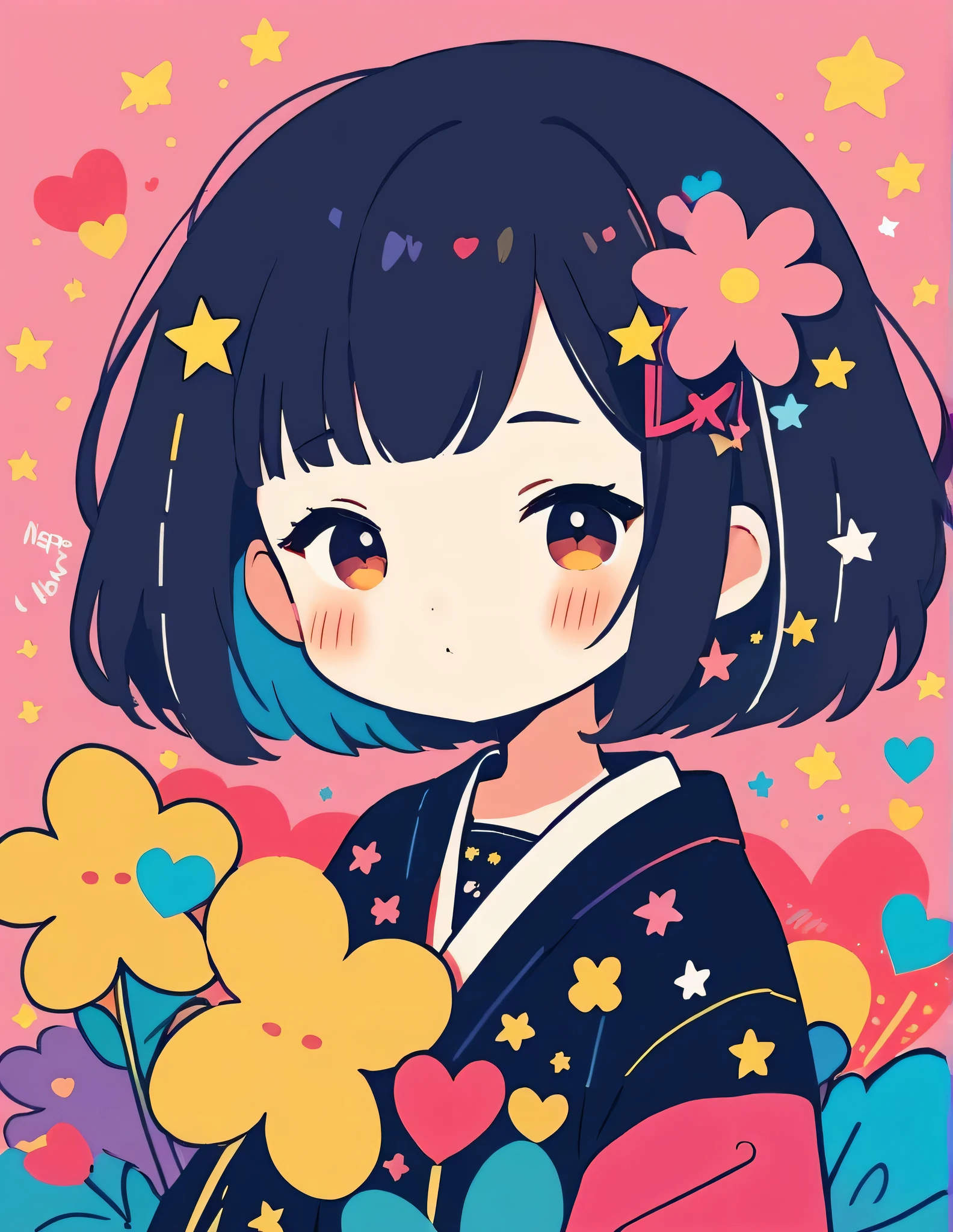 Masayo style, Simple Line Initialism,Abstract art,Kawaii Design, The most beautiful girl of all time、chibi, The background is star dust, colorful hearts, colorful flowers, (((nap)))