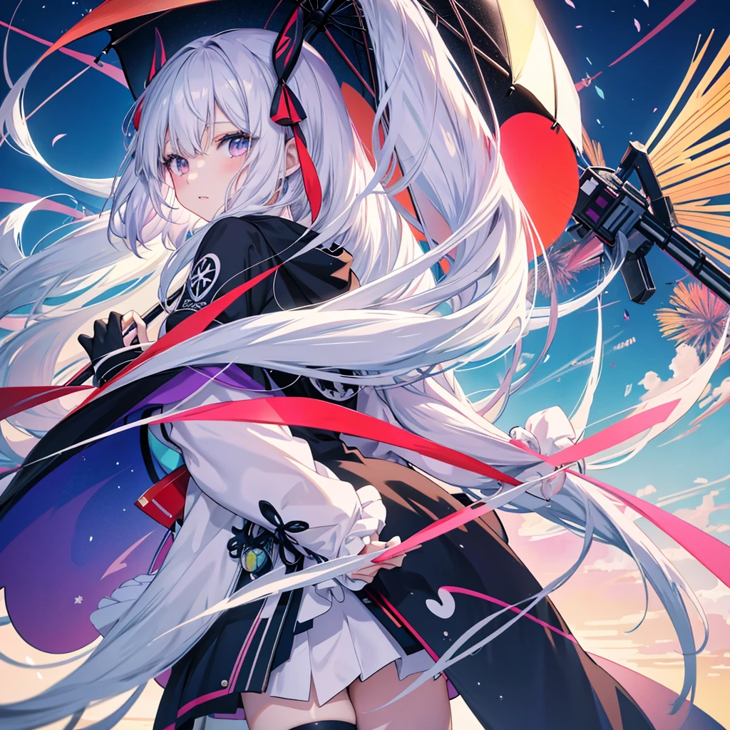 Anime girl with colorful wings and black umbrella,Long white hair, anime art wallpaper 4k, anime art wallpaper 4k, Anime Art Wallpapers 8K, Beautiful anime artwork, Anime Style 4K, anime abstract art, Beautiful anime art, Anime-style artwork, Beautiful anime art style, anime-style art, Anime Color, Anime illustration, Digital art on pixiv, Anime-style illustrations