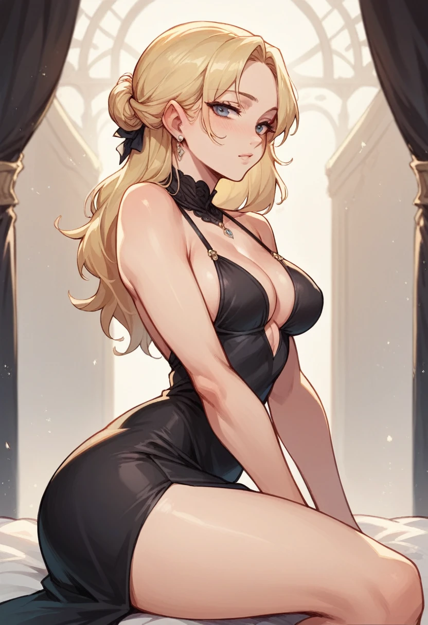 blonde girl in a sexy elegant black dress, medium chest, big butt