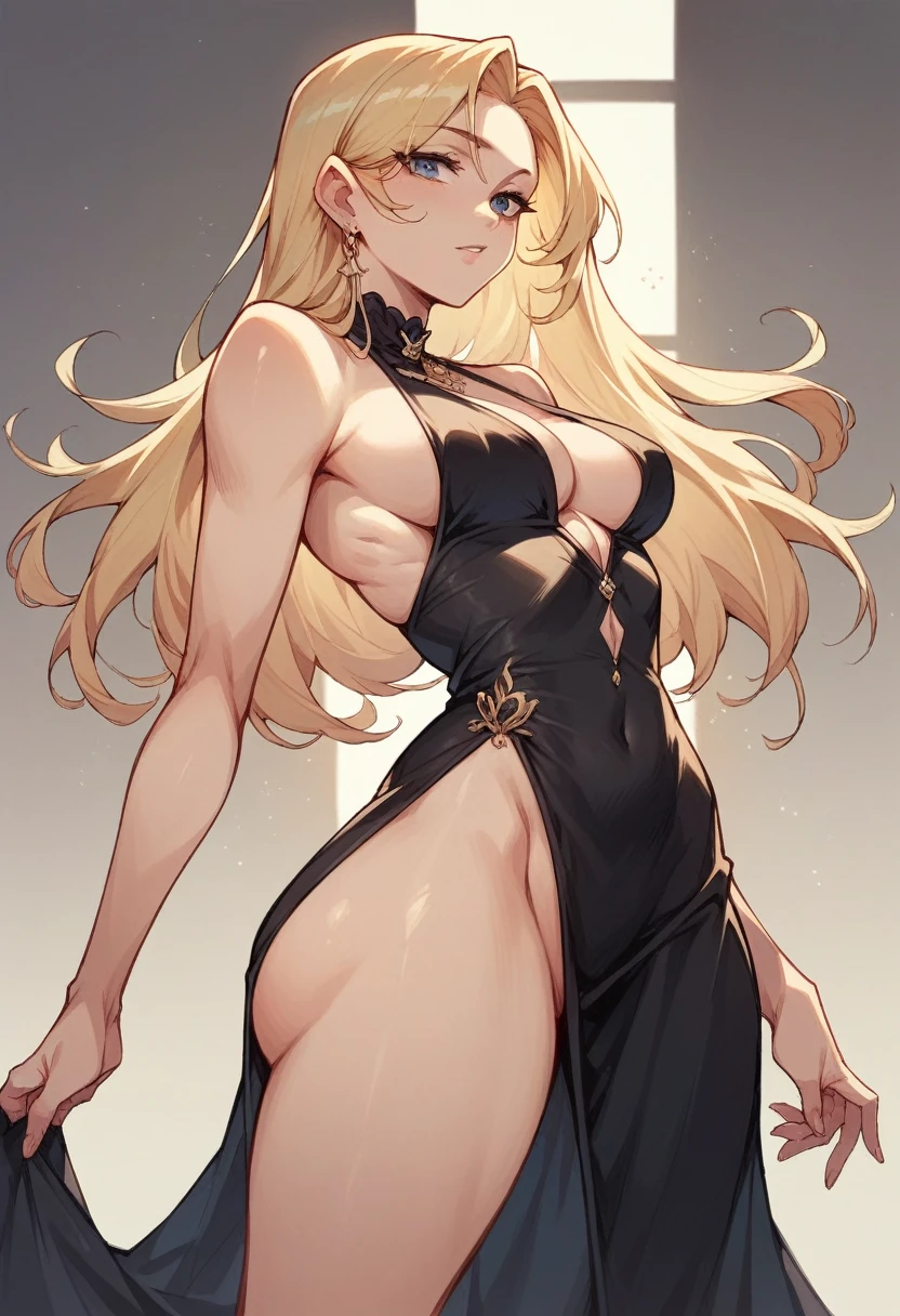 blonde girl in a sexy elegant black dress, medium chest, big butt