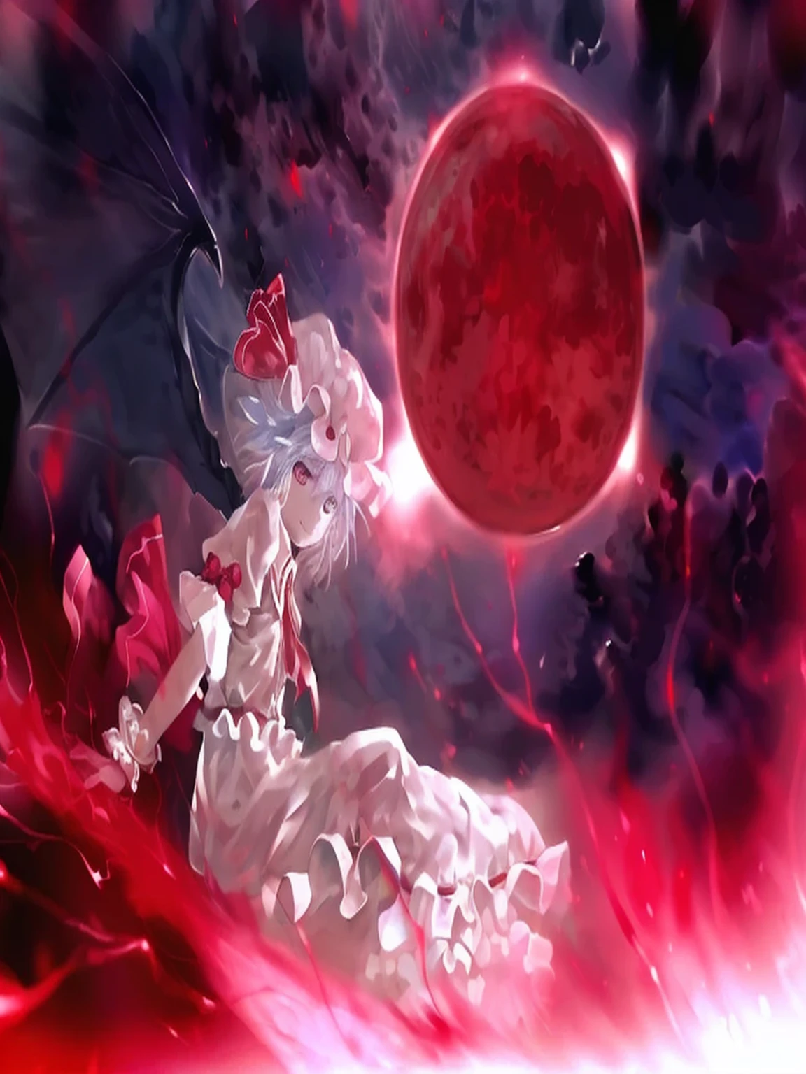 ((((Expert Touch, Perfect Graphics))))), Perfect Anime Chic, Touhou Project, remilia scarlet, Beautiful Light Blue Hair, Light Pink Dress, Light Pink Doorknob Hat, Confident, She's Crazy With a smile and a chuckle, he summons a purple Gungnir spear and points the tip towards me, a magic circle, the night, the red moon, the terrace of a western mansion, a beautiful garden, a semi-landscape painting,Red Devil