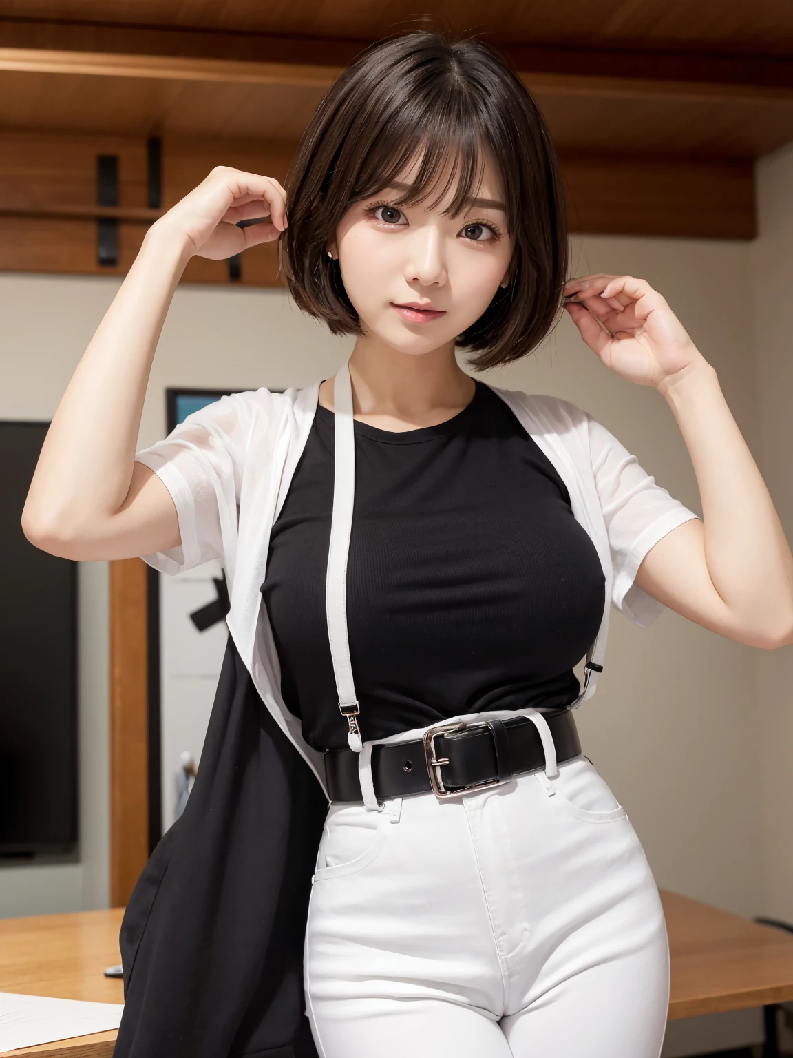、(masterpiece、Highest quality)、Highest quality, Ultra-high resolution, (((masterpiece))), alone, Sweat、Big eyes,Tight black shirt、Tight white pants、belt、indoor、Composition from the front、(Cut the back hair short、short hair、blonde、woman)、Shortcuts、Embarrassed face、Cut your hair short、可愛いwomanの子、Big Breasts、office