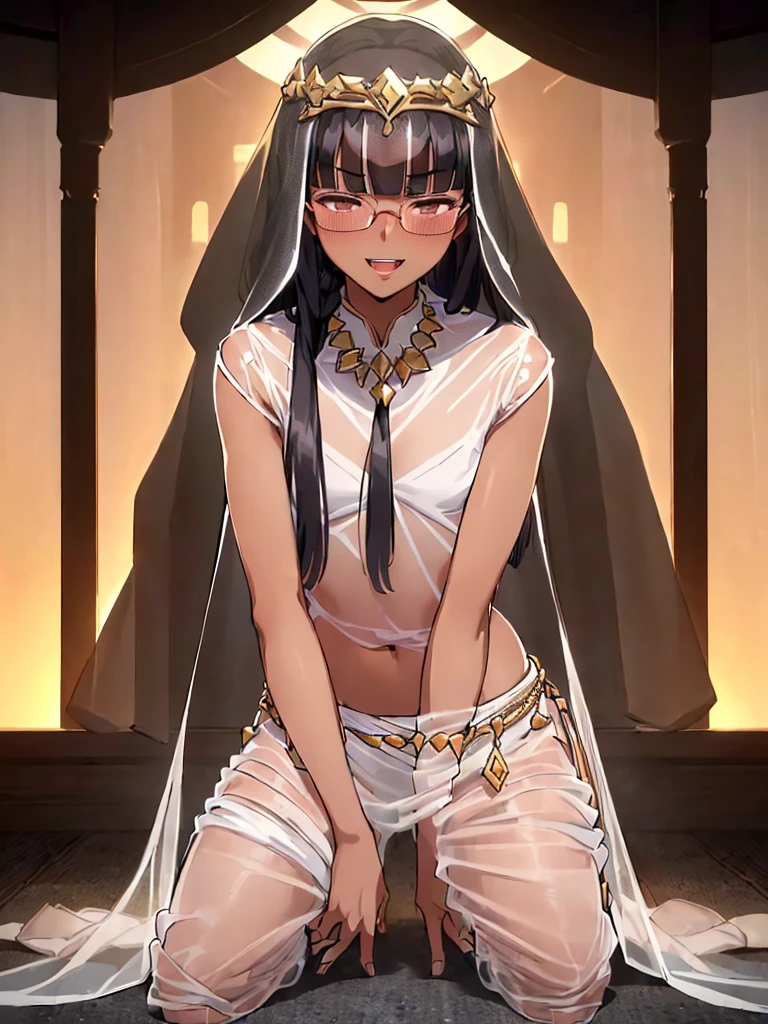 (1 feminine boy 20 years old solo:1.4),(flat chest),(dark skin:1.5), (masterpiece:1.2), highest quality, High resolution, unity 8k wallpaper, ( (perfect hands, perfect anatomy), 20 years old, (black hair:1.3), detailed eyes, best quality, extremely detailed, very precise detailed, (glasses:1.4), (blunt bangs:1.3), (open mouth:1.2), (middle hair:1.5), (evil smile:1.4), , (half closed eyes:1.3) ,long sidelocks, (blush:1.3),(kneeling:1.3),(Put left knee in front:1.5),(arabian clothes:1.5),,(See-through harem pants:1.6),(See-through white veil:1.3),