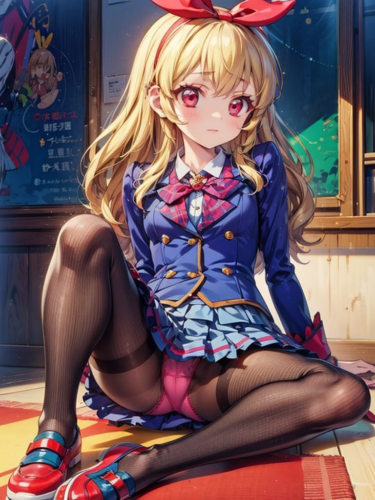 an anime girl wearing a short skirt and sitting on a floor all dressed up,1girl,pantyhose,solo,panties under pantyhose,underwear,panties,long hair,blonde hair,red eyes,,skirt,_breasts,shoes,Ichigo Hoshimiya (Aikatsu!)