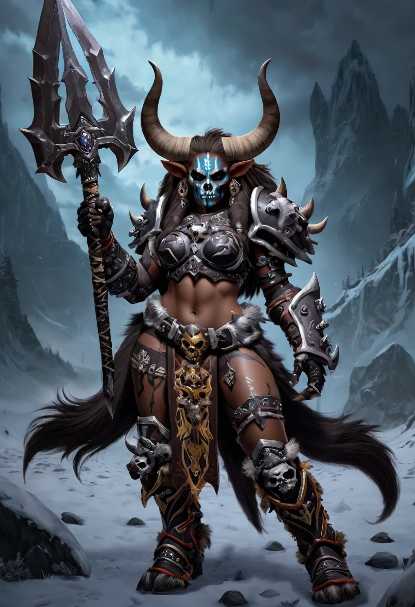 Tauren, female Tauren death knight, death knight outfit, heavy armor with skulls, heavy armor, dark theme, holding a sword in front of his body, war paint on her face, big horns, I&#39;m standing in a cave, in dripping puddles of glowing green mud, high saturation background