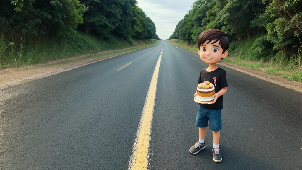 a boy standing on the road with a cake in his hand cartoon image 