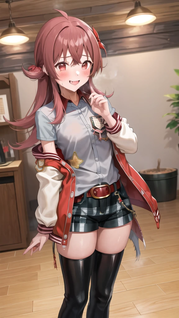 masterpiece, best quality, highres, akaho, long hair, ahoge, hair ribbon, red ribbon, letterman jacket, long sleeves, 手链, open jacket, collared shirt, grey shirt, Red belt, green shorts, plaid, black thighhighs, street, cowboy shot. :p、loafers、Long legs、Long legs、Absolute area、Micro Shorts、（Black knee socks:1.4) Grinning、Smile、is standing、Sweating:1.5), (steam:1.3), ((((blush))))),Absolute area、（black leather thigh boots）、a room、Hi-Res, 1girl in, ,},{{独奏,Boyish 1 Girl}} （High heels:1.4)