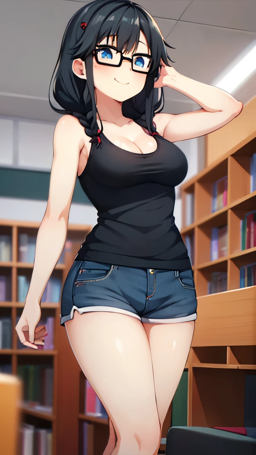 1girl,alone,sumireko sanshokuin,masterpiece,best quality,anime screenshot,black hair,red barrette,blue eyes,black glasses,medium hair,school,library,standing,good lighting,white shirt,tank shirt , cleavage, black shorts, short shorts, black shoes, embarrassed, seductive, smiling, closed mouth, sexy body, big breasts, medium waist, medium thighs, round butt, looking at the viewer, from front, pov (from below), NFSW, exposed breast, showing nipple, lewd, sexy