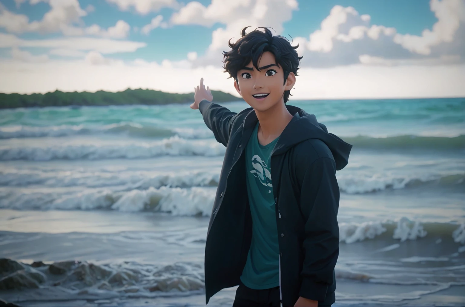 there is a man standing on the beach with his hand up, tsunami behind him, music video, john jude palencar, ruan cute vtuber, ayan nag, mohamed chahin style, still from a music video, river in front of him, anime view, isekai, cute boy