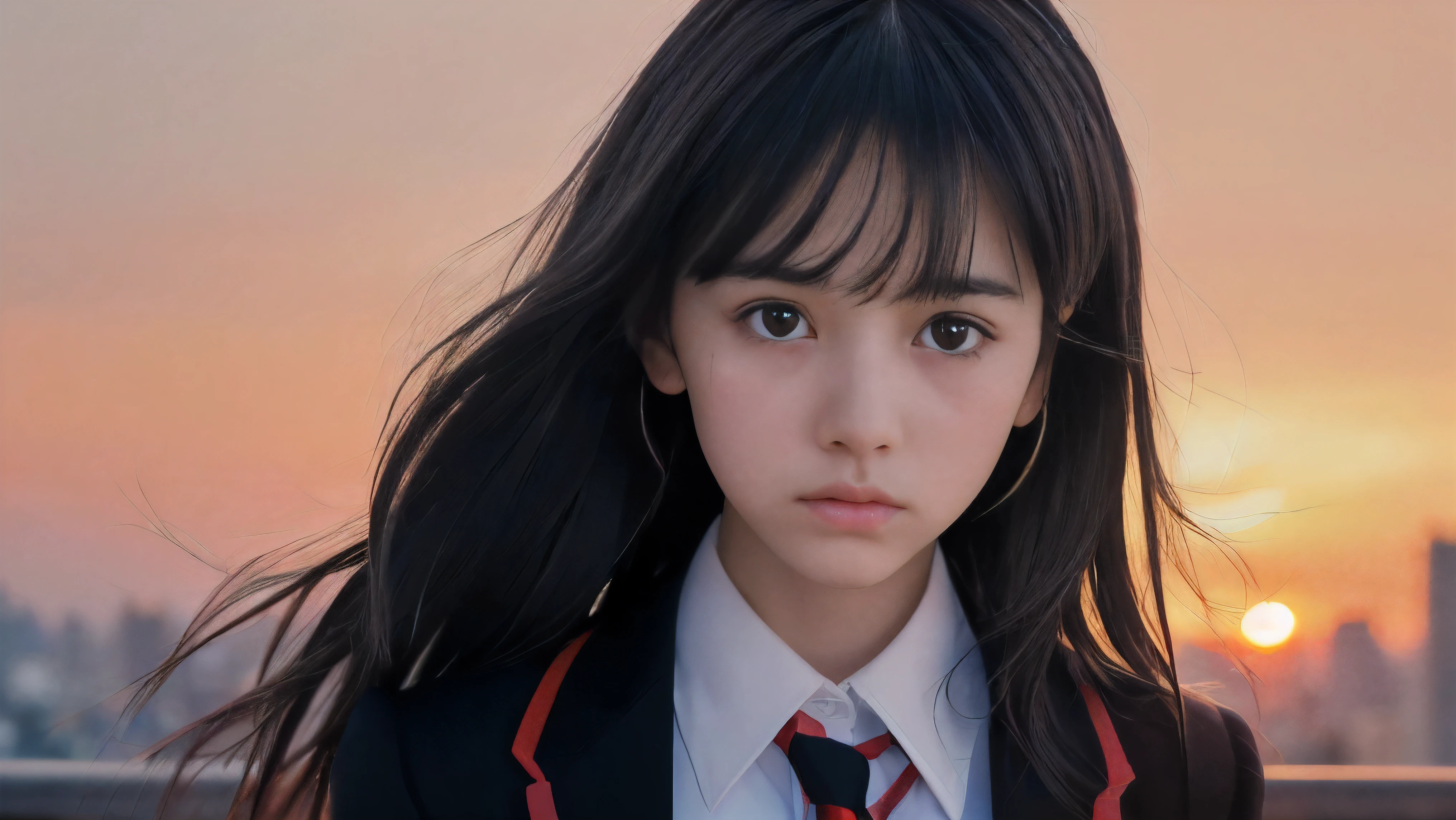 (Close up face shot of one slender small breasts two side up black medium hair bangs girl with crying face in long sleeves black school uniform:1.5)、(One girl is turn around at sunset red sky with her face is reflected sunset light and her hair is blowing in long sleeves black school uniform:1.5)、(Beautiful red sunset sky at skyscraper city landscape:1.5)、(8k ultra detailed master piece:1.5)、(Natural lighting:1.5)、(perfect anatomy:1.5)、(Photorealistic stick:1.5)、(Raw photo:1.3)、(highest quality:1.5)、(High resolution:1.3)、(Delicate and beautiful perfect face:1.3)、(Delicate and beautiful eye air skin:1.3)、(Real Human Skin:1.3)、((thin legs))