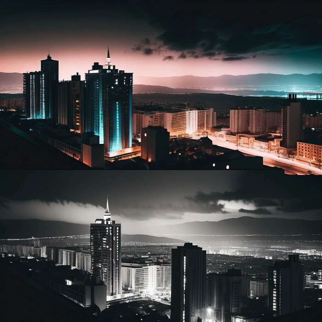 A cinematic skyline view in split screen. Visualize a picture of a megacity which divides into two parts: One part of the megacity is in film noir style with black and white filter, the second part is colored, cyberpunk styled cyberpunk megacity, photographic, realistic, volumetric lighting, cinematic lighting, contrast lighting, sharp focus, depth of field, raw photo, hdr, uhd, 4k, 35mm film