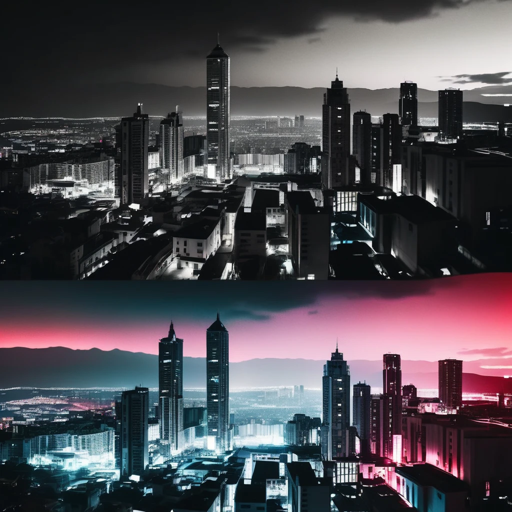A cinematic skyline view in split screen. Visualize a picture of a megacity which divides into two parts: One part of the megacity is in film noir style with black and white filter, the second part is colored, cyberpunk styled cyberpunk megacity, photographic, realistic, volumetric lighting, cinematic lighting, contrast lighting, sharp focus, depth of field, raw photo, hdr, uhd, 4k, 35mm film