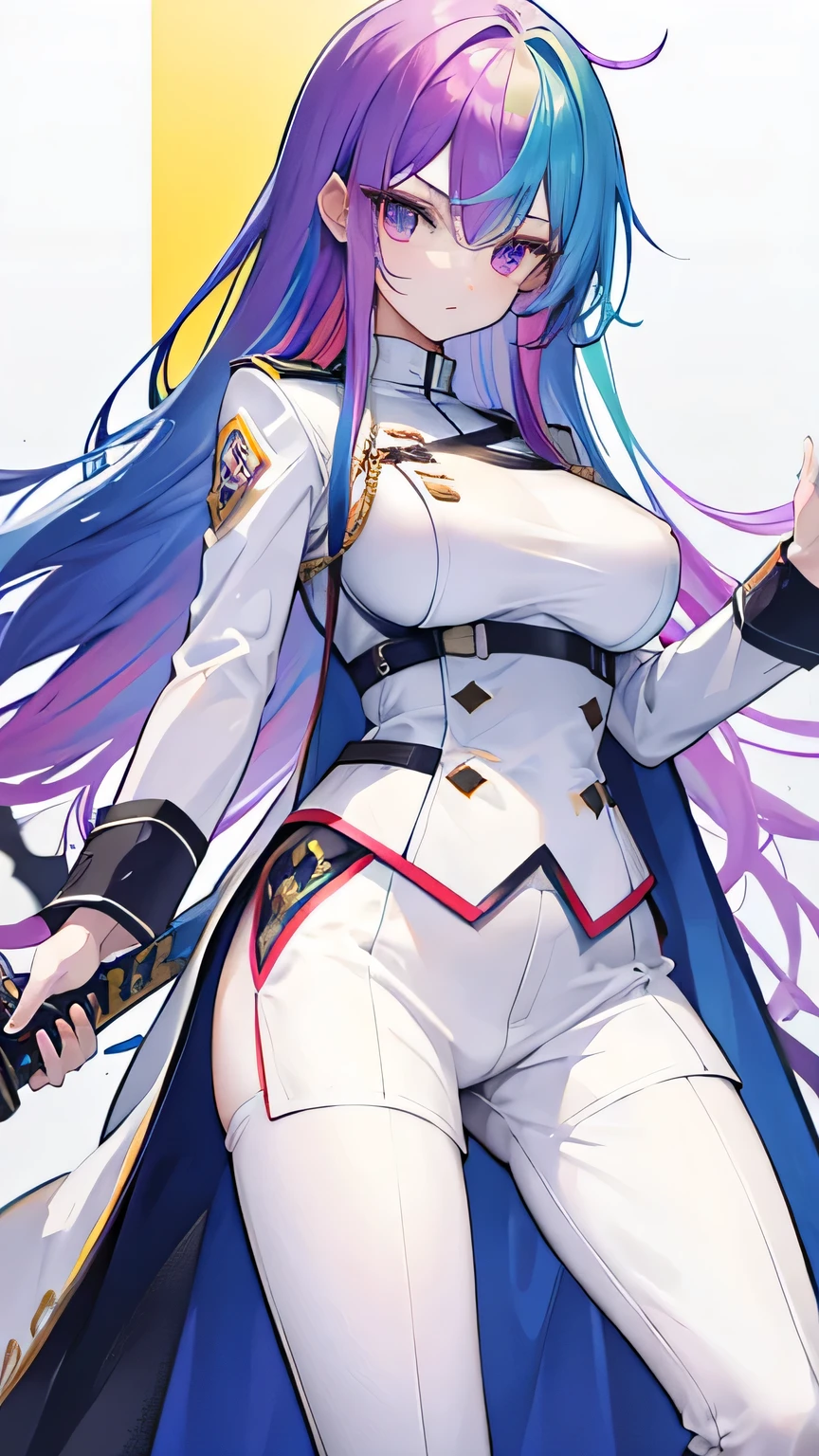 rainbow colored hair, expressionless, neat white uniform, holding a sword, very large breasts, long straight hair