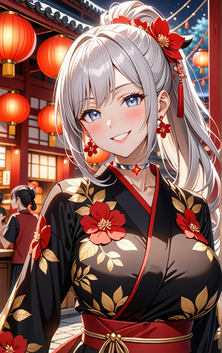 ((one girl)), hyper detailed, absurdres, 8K,Cute face, (Laugh shyly), ((teasing smile:1.8)), ((Wink:1.8)), (Laugh with your mouth wide open:1.3),(Tilt your head:1.3), View your viewers, ((Bright red cheeks:1.6)),Glossy Red Lips, ((Big Breasts:1.5)) night, Shrine festival stalls, (Brighten your face), ((Anime style background)),masterpiece, Highest quality, so beautiful,Latest, Complex details, (Pink long nails), (nail art), (ring),(bracelet), (Floral Choker),AI-generated, Complex,High resolution, Highest quality, super high quality,3D Images、3D Images,One person,Long white hair,(High Ponytail), Anime woman posing for a photo,((blue eyes:1.2)), ((Fine grain、Silver Eyes、Shining Eyes:1.7)), (Squint your eyes:1.1),a hyperRealistic , hyperRealistic , Realistic,Anime woman with long white hair, Smooth anime CG art, With gold embroidery、A girl in a gorgeous kimono, ((Black long sleeve kimono:1.3)),(Red large floral pattern) ,Long flower hair ornament,Floral Earrings,Mature Body, expensive,Abdominal muscles,Tight waist,((Zoom in on face:2.1)), ((from blow)),
